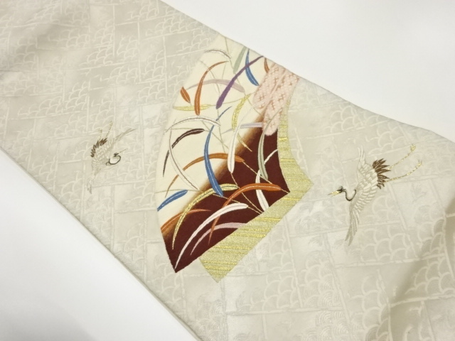 鶴に地紙・檜垣模様織出し袋帯